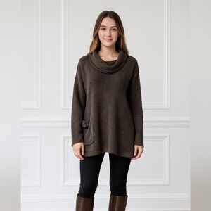 Yushi cowl neck large tunic style sweater unique tied pocket chocolate brown